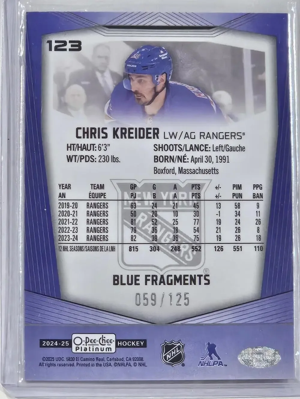 2024-25 O-Pee-Chee Platinum Chris Kreider Hockey Card - Blue Fragments /125